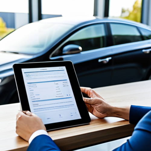 Home 4 A professional, poised individual, fully clothed in a modest business suit, sitting at a sleek desk in a bright, modern office. They are carefully reviewing insurance documents on a tablet, with a blurred, high-tech car visible in the background through a large window. The scene emphasizes financial review and decision-making. Appropriate attire, safe for work, appropriate content, perfect anatomy, natural proportions, professional photography, high quality, family-friendly.