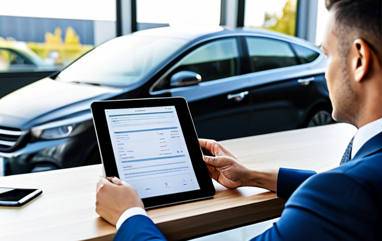 A professional, poised individual, fully clothed in a modest business suit, sitting at a sleek desk in a bright, modern office. They are carefully reviewing insurance documents on a tablet, with a blurred, high-tech car visible in the background through a large window. The scene emphasizes financial review and decision-making. Appropriate attire, safe for work, appropriate content, perfect anatomy, natural proportions, professional photography, high quality, family-friendly.