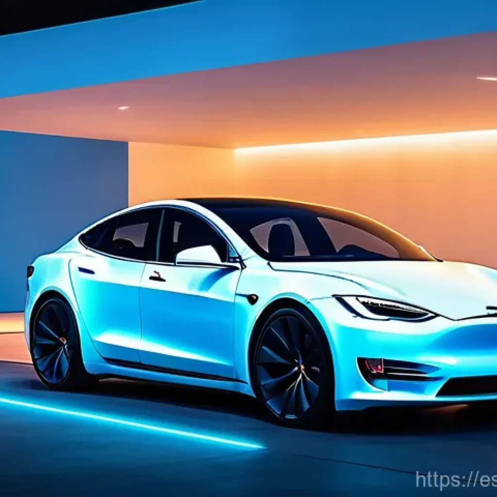 테슬라 차량의 OTA 소프트웨어 업데이트 - **Prompt:** "A futuristic, sleek white Tesla car in a sophisticated, minimalist garage. The car is s...