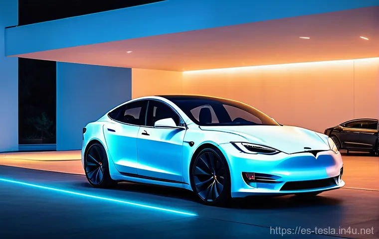 테슬라 차량의 OTA 소프트웨어 업데이트 - **Prompt:** "A futuristic, sleek white Tesla car in a sophisticated, minimalist garage. The car is s...