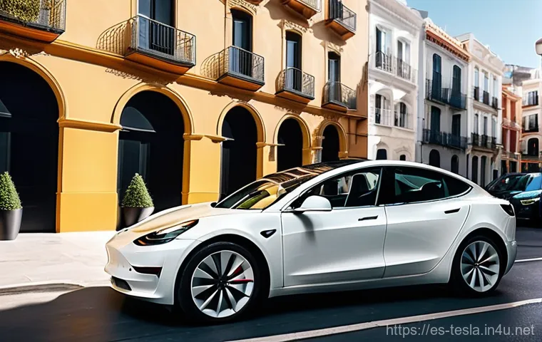 테슬라 차량의 자율주행 기술 발전 - **Prompt 1: Urban Navigation in a Spanish City**
    "A sleek Tesla Model 3 gracefully navigating a ...