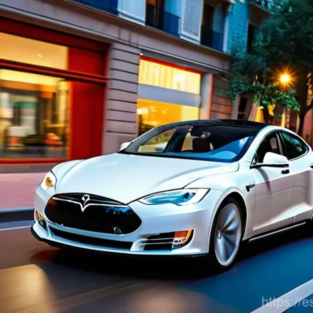 테슬라 모델 S의 주행 보조 시스템 - **Prompt:** A sleek, modern Tesla Model S confidently navigating a vibrant, bustling city street at ...