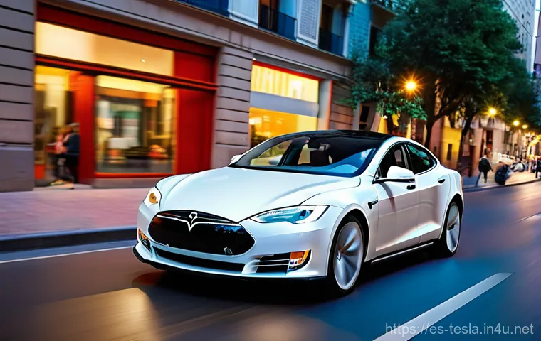 테슬라 모델 S의 주행 보조 시스템 - **Prompt:** A sleek, modern Tesla Model S confidently navigating a vibrant, bustling city street at ...