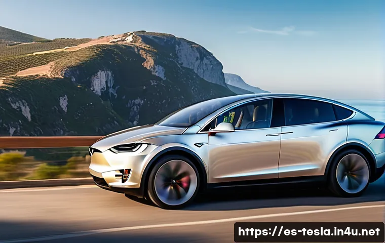 테슬라 모델 X의 중고차 구매 팁 - **Prompt 1: Majestic Falcon Wing Doors**
"A sleek, silver Tesla Model X parked on a scenic road ...