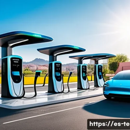 테슬라 전기차의 경쟁 모델 분석 - A futuristic electric car charging station in a vibrant urban Spanish cityscape, showing multiple sl...