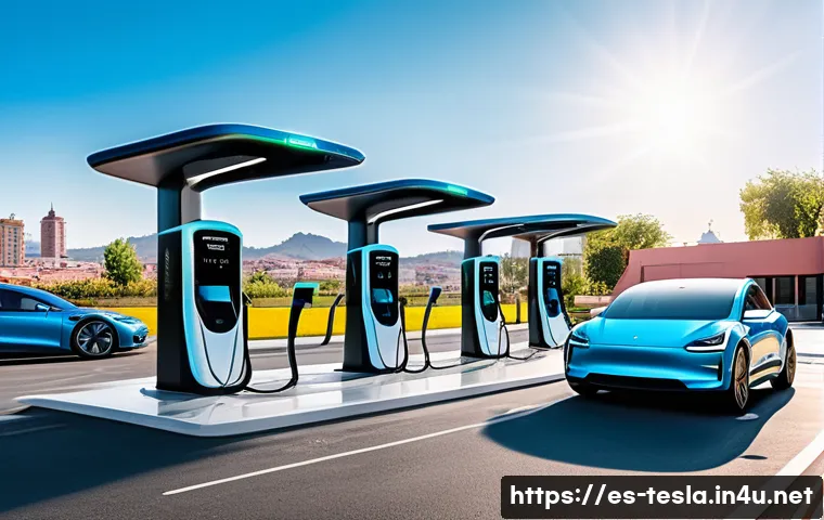 테슬라 전기차의 경쟁 모델 분석 - A futuristic electric car charging station in a vibrant urban Spanish cityscape, showing multiple sl...
