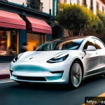 테슬라 전기차와 전통 내연기관 차량의 차이점 - A sleek, modern Tesla Model 3 driving smoothly through a vibrant urban Spanish cityscape at sunset, ...