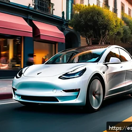 테슬라 전기차와 전통 내연기관 차량의 차이점 - A sleek, modern Tesla Model 3 driving smoothly through a vibrant urban Spanish cityscape at sunset, ...