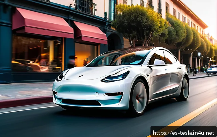 테슬라 전기차와 전통 내연기관 차량의 차이점 - A sleek, modern Tesla Model 3 driving smoothly through a vibrant urban Spanish cityscape at sunset, ...