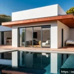 테슬라 솔라 루프 설치 비용 - A modern Spanish suburban house featuring a fully integrated Tesla Solar Roof with sleek, glass sola...