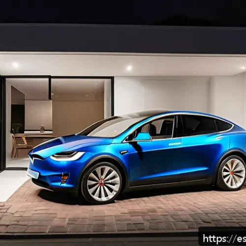 테슬라 모델 X의 충전 속도 - A modern home garage scene in Spain during nighttime, featuring a Tesla Model X plugged into a Level...