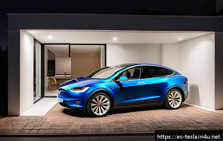 테슬라 모델 X의 충전 속도 - A modern home garage scene in Spain during nighttime, featuring a Tesla Model X plugged into a Level...
