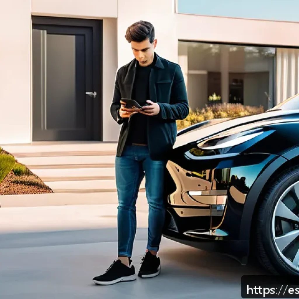 테슬라 차량의 디지털 키 활용법 - A modern Tesla parked in a sleek urban driveway with a young adult Hispanic man standing next to it,...