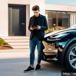 테슬라 차량의 디지털 키 활용법 - A modern Tesla parked in a sleek urban driveway with a young adult Hispanic man standing next to it,...