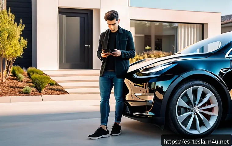 테슬라 차량의 디지털 키 활용법 - A modern Tesla parked in a sleek urban driveway with a young adult Hispanic man standing next to it,...