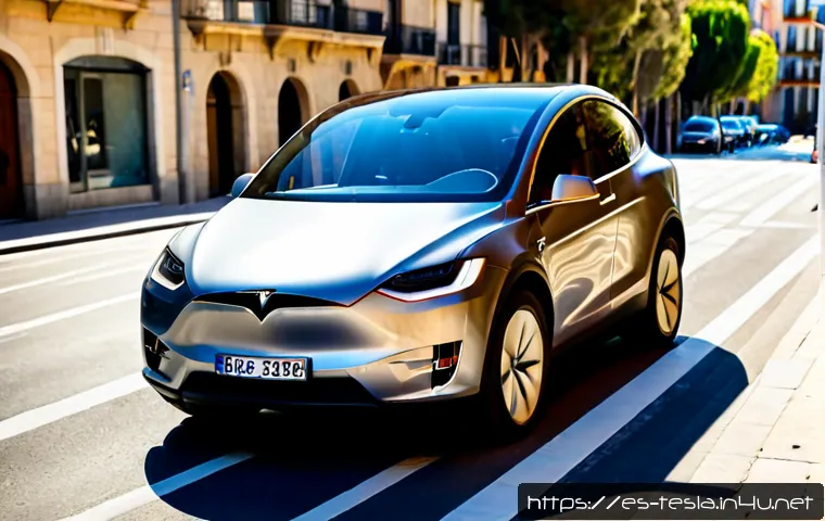 테슬라 모델 X의 최신 안전 기능 - Photorealistic luxury electric SUV resembling a modern Tesla Model X, logo-free, safely approaching ...