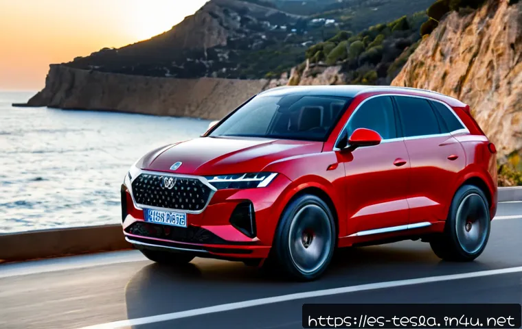 테슬라 모델 Y 퍼포먼스 트림 리뷰 - Photorealistic electric midsize performance SUV with no visible badges or logos, parked on a sunlit ...