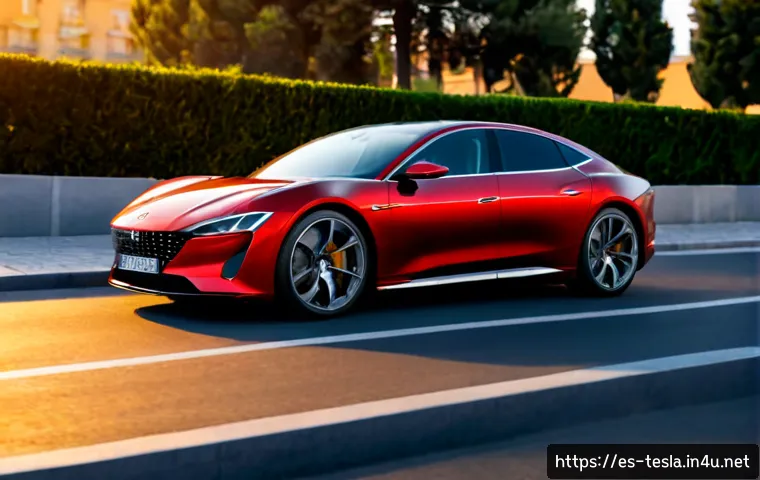 Home 17 테슬라 모델 S의 퍼포먼스 플래드 리뷰 - Photorealistic high-performance electric luxury sedan in deep metallic red, unbranded smooth front f...